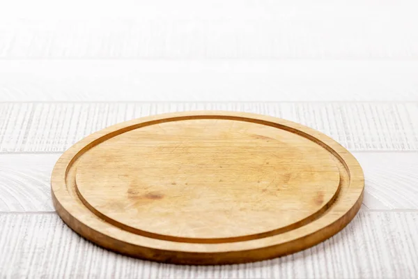 Wooden Cutting Board White Kitchen Table Copy Space — Stok fotoğraf