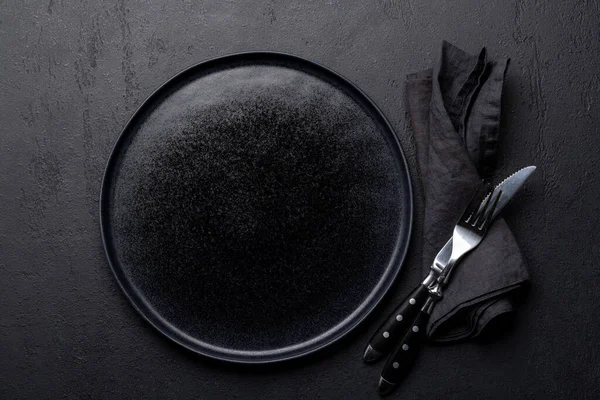 Empty Plate Fork Knife Dark Stone Table Flat Lay Copy — Stock Photo, Image