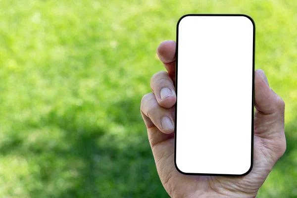 Blank Biały Ekran Smartfon Ręce Kobiety Idealna Makieta Projektu Zewnętrzne — Zdjęcie stockowe