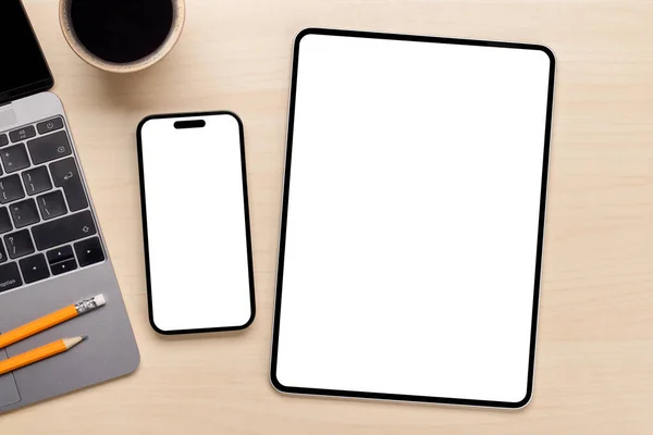 Smartphone Tablet Branco Uma Mesa Perfeito Para Seu Modelo Design — Fotografia de Stock