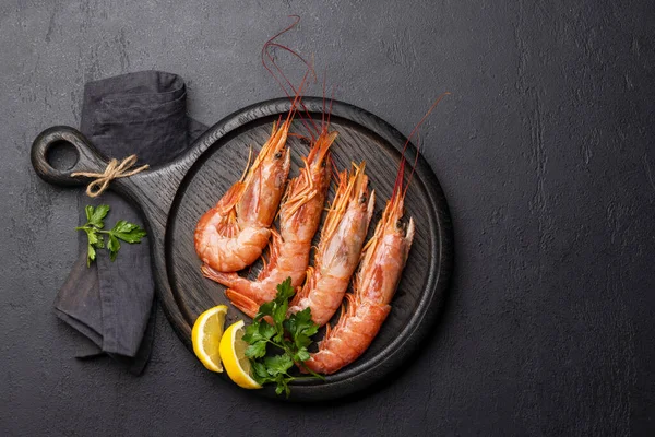 Fresh Seafood Langoustines Flat Lay Wooden Board Copy Space — Stock Photo, Image