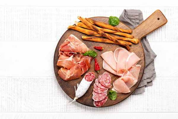 Antipasto Board Various Meat Snacks Flat Lay Copy Space — Stockfoto