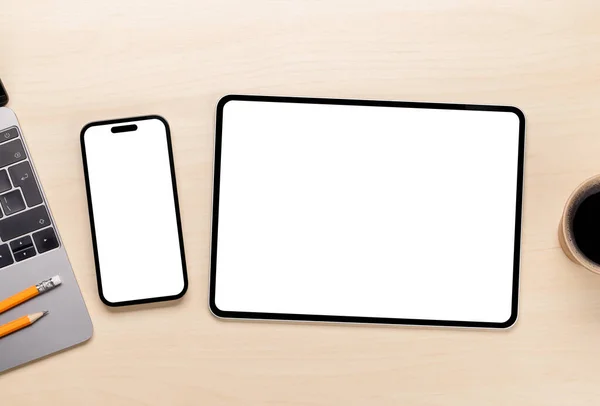Blank Ekranu Smartfona Tabletu Biurku Idealny Modelowania Projektu — Zdjęcie stockowe