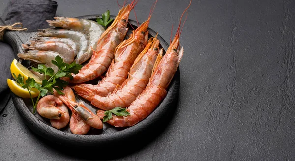 Fresh Seafood Langoustines Dark Stone Table Copy Space — Stock Photo, Image