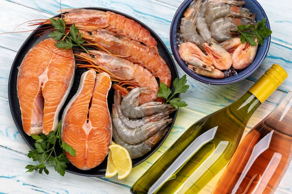 Top View Photo Fresh Seafood Shrimp Lobster Trout Steaks Accompanied — Stock Photo, Image