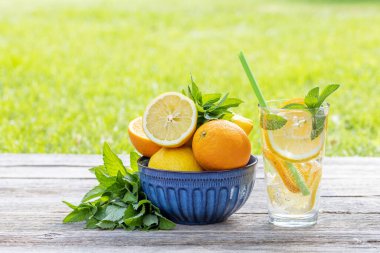 Açık hava bahçe masasında servis edilen ev yapımı limonata. Taze narenciye ve nane şekerli soğuk yaz içeceği.