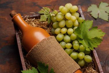 Kırsal ahşap bir kutuda sunulan kırmızı şarap şişesi ve taze üzüm.