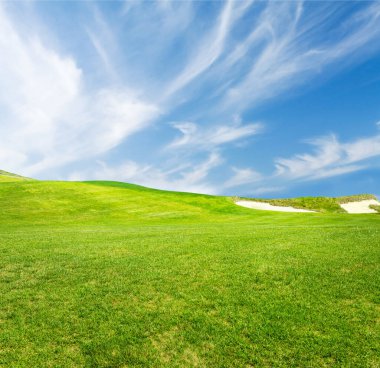 Tüylü bulutlarla dolu mavi gökyüzünün altında uzanan yemyeşil çimen tarlasının yer aldığı pitoresk bir yaz manzarası.