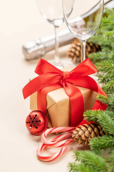 Xmas Fir Tree Branch Christmas Gift Box Champagne — Stock Photo, Image