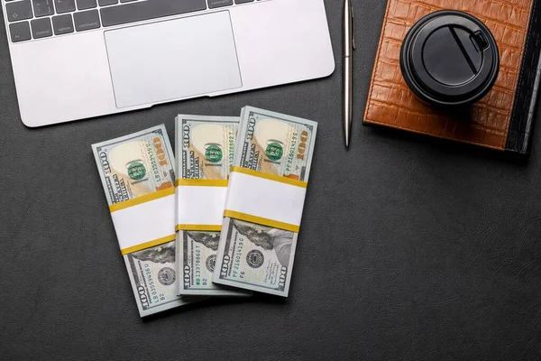 Office Desk Cash Money Laptop Coffee Cup Flat Lay Copy — Stock Photo, Image