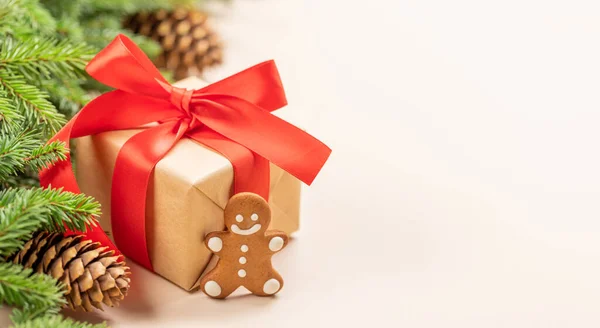 Tannenzweig Weihnachtsgeschenkschachtel Lebkuchen Und Platz Für Grußworte — Stockfoto