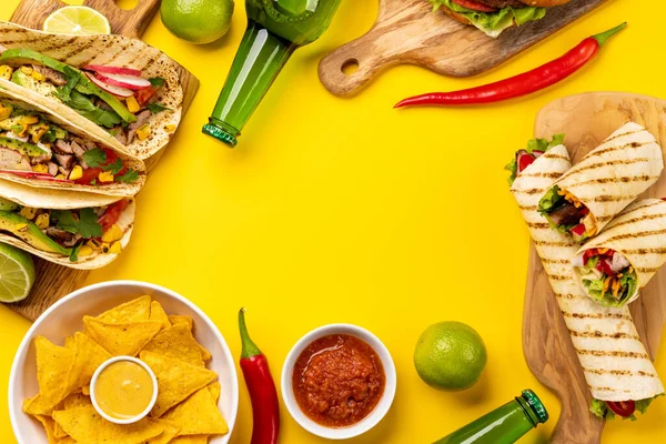 Mexican Food Featuring Tacos Burritos Nachos Burgers More Flat Lay — Stock Photo, Image