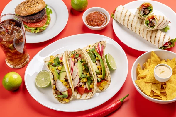 Mexican Food Featuring Tacos Burritos Nachos Burgers More — Stock Photo, Image