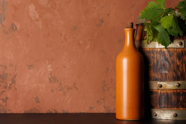 Wine Bottle Barrel Showcasing Artistry Winemaking Copy Space — Stock Photo, Image