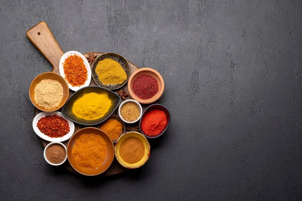 Various Spices Bowls Stone Table Copy Space Your Menu Recipe — Stock fotografie
