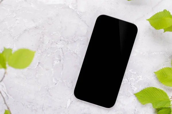 Smartfon Czystym Ekranem Stole Otoczony Zielonymi Liśćmi Natury Idealna Makieta — Zdjęcie stockowe