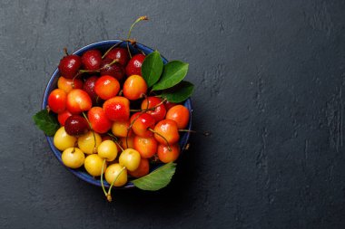 Canlı ve renkli bir kiraz, tatlı sularla dolup taşıyor. Güneşli bahçe masasında. Kopyalama alanı olan düz