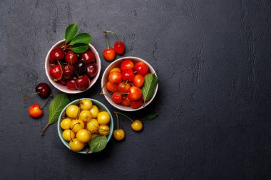 Canlı ve renkli bir kiraz, tatlı sularla dolup taşıyor. Güneşli bahçe masasında. Kopyalama alanı olan düz