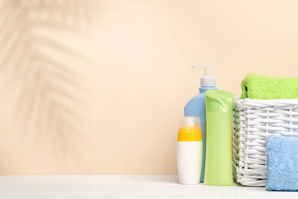 Body Care Items Bathroom Towels Table Space Your Product Text — Stock Photo, Image