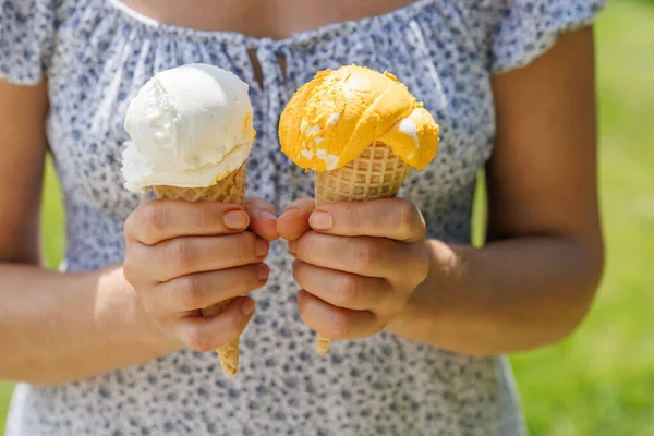 Woman Hands Holding Refreshing Ice Cream Waffle Cones Treats Hint — Stock Photo, Image