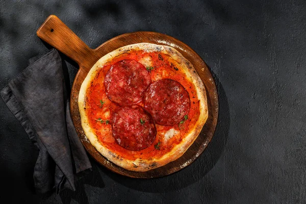Homemade Pepperoni Pizza Topped Fresh Tomato Pasta Mozzarella Cheese Flat — Stock Photo, Image