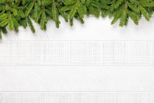 Kerst Sparren Tak Frame Wit Hout Met Ruimte Voor Begroetingen — Stockfoto