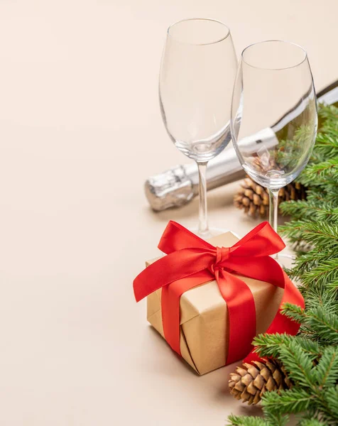Xmas Fir Tree Branch Christmas Gift Box Champagne Space Greeting — 스톡 사진