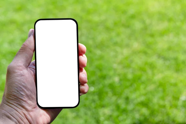 Smartphone Tela Branca Branco Mão Mulher Design Perfeito Mockup Campo — Fotografia de Stock
