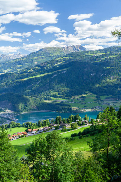 Panoramic view of lake, countryside, green alpine meadows and the Alps mountains in Switzerland