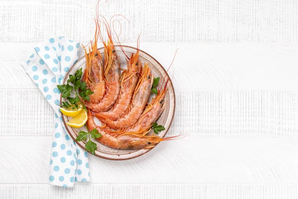 Top View Fresh Seafood Langoustines Flat Lay Wooden Table Copy — Stock Photo, Image