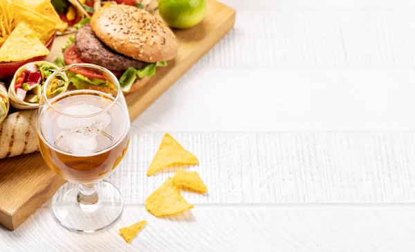 Mexican Food Featuring Tacos Burritos Nachos Burgers Beer Copy Space — Stock Photo, Image