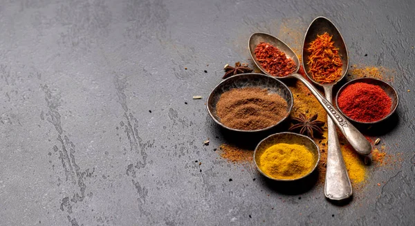 Various Spices Bowls Spoons Stone Table Copy Space Your Menu — Foto de Stock
