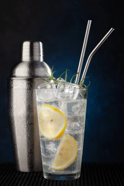 Cocktailshaker Und Gin Tonic Cocktail Auf Dunklem Hintergrund Mit Kopierraum — Stockfoto