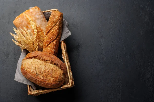 Assorted Bread Varieties Charming Basket Ready Enjoyed Flat Lay Copy — Stock Photo, Image