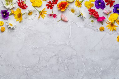Mermer arka planda çeşitli çiçekler, metin için yeri olan canlı bir ekran. Düz yatıyordu