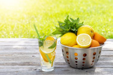Açık hava bahçe masasında servis edilen ev yapımı limonata. Taze narenciye ve nane şekerli soğuk yaz içeceği.
