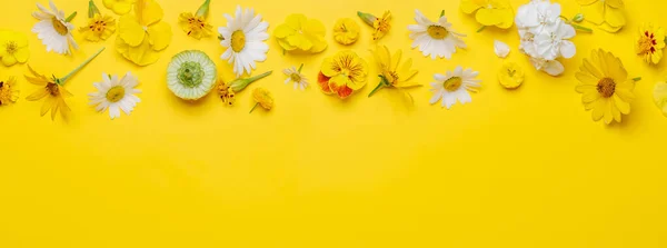 Assorted Flowers Yellow Backdrop Vibrant Display Space Text Flat Lay — Stock Photo, Image