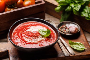 Refreshing homemade cold tomato gazpacho soup clipart