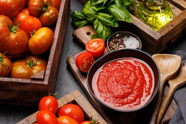 Reichhaltige Hausgemachte Tomatensauce Und Zutaten — Stockfoto
