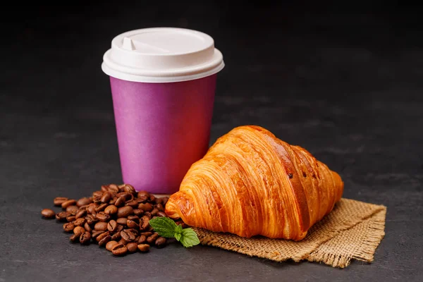 Aromatic Coffee Paper Cup Paired Flaky Croissant Copy Space — Stock Photo, Image