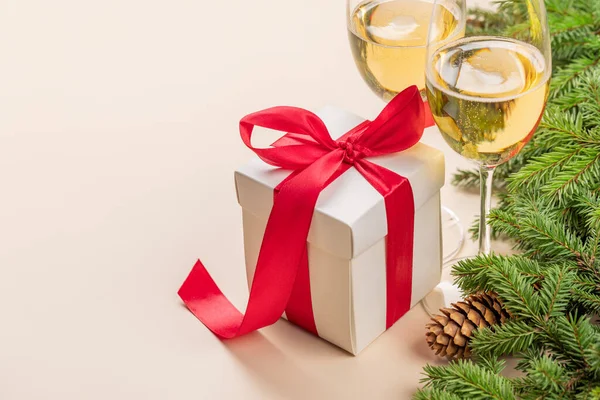 Xmas Fir Tree Branch Christmas Gift Box Champagne Space Greetings — Stock Photo, Image