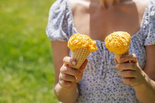 Woman Hands Holding Refreshing Ice Cream Waffle Cones Treats Hint — Stock Photo, Image