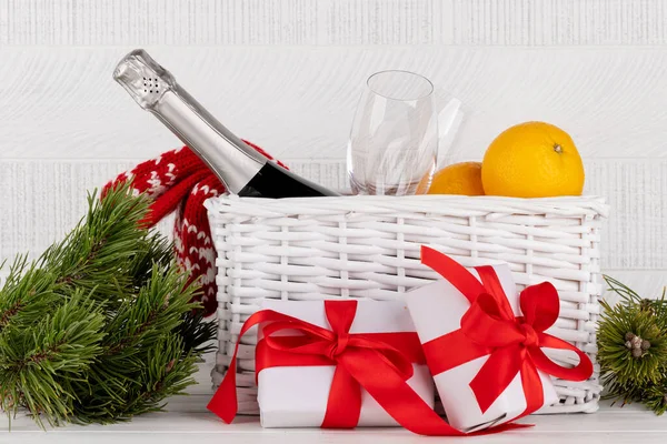 Basket Christmas Gift Boxes Champagne Oranges Decor — Stock Photo, Image