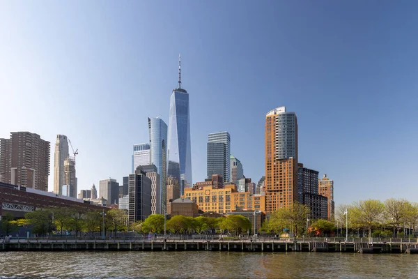 New York City Silueti Manhattan Gökdelenleri Hudson Nehri Üzerinde — Stok fotoğraf