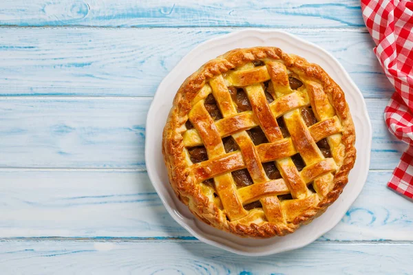 Delicious Apple Pie Fresh Red Apples Flat Lay Copy Space — Stock Photo, Image