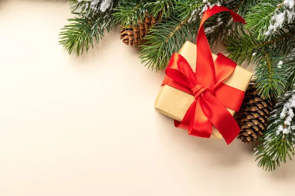 Xmas Fir Tree Branch Christmas Gift Box Space Greetings Text — Stock Photo, Image
