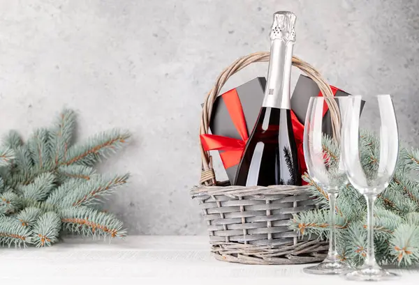 Basket Christmas Gift Boxes Champagne Space Your Xmas Greetings — Stock Photo, Image