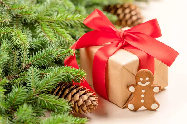 Χριστουγεννιάτικο Κλαδί Ελάτης Χριστουγεννιάτικο Κουτί Δώρου Μπισκότο Μελόψωμο — Φωτογραφία Αρχείου