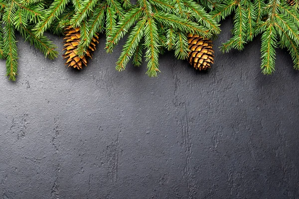 圣诞冷杉树枝架在石头上 空旷地写着问候语 平躺在床上 — 图库照片