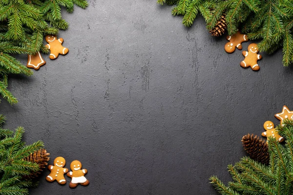 Ramo Abeto Natal Com Decoração Biscoitos Espaço Para Texto Saudações — Fotografia de Stock